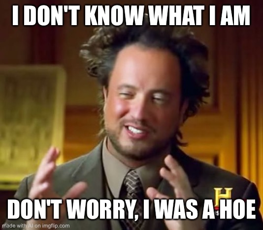 And I grew up into a shovel | I DON'T KNOW WHAT I AM; DON'T WORRY, I WAS A HOE | image tagged in memes,ancient aliens,ai meme | made w/ Imgflip meme maker