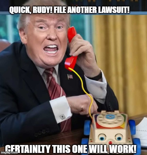 I'm the president | QUICK, RUDY! FILE ANOTHER LAWSUIT! CERTAINLTY THIS ONE WILL WORK! | image tagged in i'm the president | made w/ Imgflip meme maker