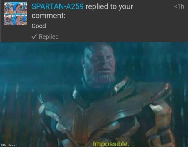 HOLY SHIT HE'S BACK | image tagged in thanos impossible | made w/ Imgflip meme maker