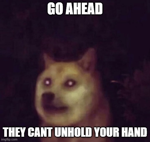 go ahead they cant unhold your hand- cursed doge | GO AHEAD; THEY CANT UNHOLD YOUR HAND | image tagged in doge,cursed image,wholesome | made w/ Imgflip meme maker