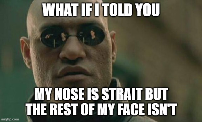 exposing Morphius | WHAT IF I TOLD YOU; MY NOSE IS STRAIT BUT THE REST OF MY FACE ISN'T | image tagged in memes,matrix morpheus | made w/ Imgflip meme maker