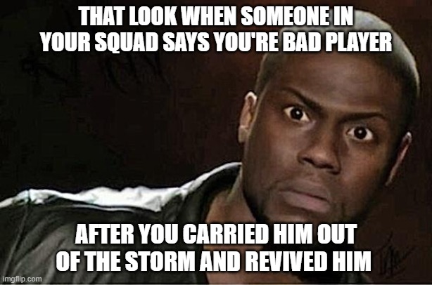 Fortnite bad player | THAT LOOK WHEN SOMEONE IN YOUR SQUAD SAYS YOU'RE BAD PLAYER; AFTER YOU CARRIED HIM OUT OF THE STORM AND REVIVED HIM | image tagged in memes,kevin hart,fortnite | made w/ Imgflip meme maker