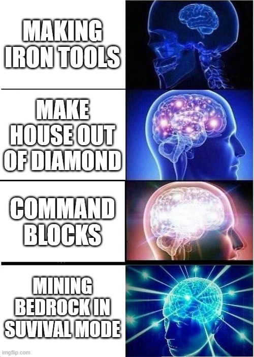 Expanding Brain Meme | MAKING IRON TOOLS; MAKE HOUSE OUT OF DIAMOND; COMMAND BLOCKS; MINING BEDROCK IN SUVIVAL MODE | image tagged in memes,expanding brain,minecraft | made w/ Imgflip meme maker