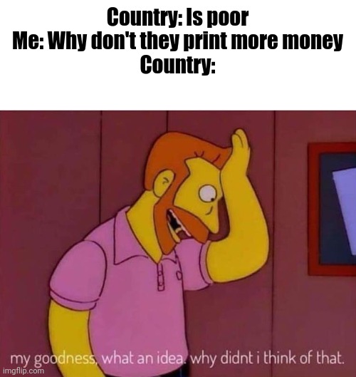 my goodness what an idea why didn't I think of that | Country: Is poor
Me: Why don't they print more money
Country: | image tagged in my goodness what an idea why didn't i think of that | made w/ Imgflip meme maker