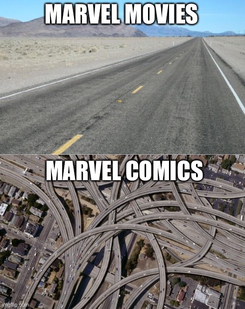 MARVEL MOVIES; MARVEL COMICS | image tagged in road,marvel comics | made w/ Imgflip meme maker