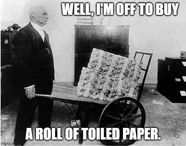 Hyperinflation | WELL, I'M OFF TO BUY A ROLL OF TOILED PAPER. | image tagged in hyperinflation | made w/ Imgflip meme maker