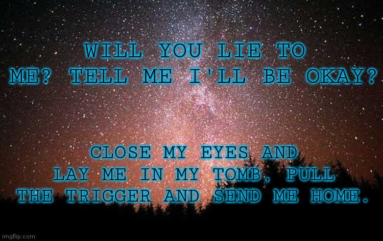 Night Sky | WILL YOU LIE TO ME? TELL ME I'LL BE OKAY? CLOSE MY EYES AND LAY ME IN MY TOMB, PULL THE TRIGGER AND SEND ME HOME. | image tagged in night sky | made w/ Imgflip meme maker