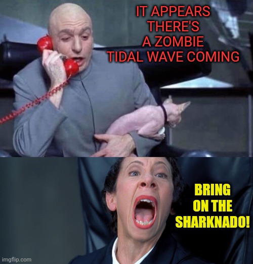 Dr Evil and Frau | IT APPEARS THERE'S A ZOMBIE TIDAL WAVE COMING BRING ON THE SHARKNADO! | image tagged in dr evil and frau | made w/ Imgflip meme maker