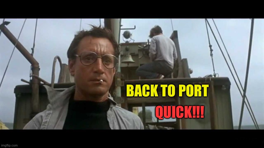 Jaws bigger boat | BACK TO PORT QUICK!!! | image tagged in jaws bigger boat | made w/ Imgflip meme maker