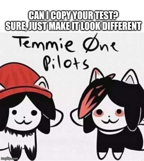 UnderTale Temmie Band | CAN I COPY YOUR TEST?
SURE, JUST MAKE IT LOOK DIFFERENT | image tagged in undertale temmie band | made w/ Imgflip meme maker
