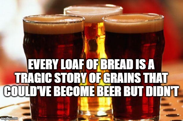 beer | EVERY LOAF OF BREAD IS A TRAGIC STORY OF GRAINS THAT COULD'VE BECOME BEER BUT DIDN'T | image tagged in beer | made w/ Imgflip meme maker