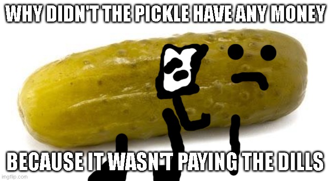 Pickle | WHY DIDN'T THE PICKLE HAVE ANY MONEY; BECAUSE IT WASN'T PAYING THE DILLS | image tagged in pickle | made w/ Imgflip meme maker