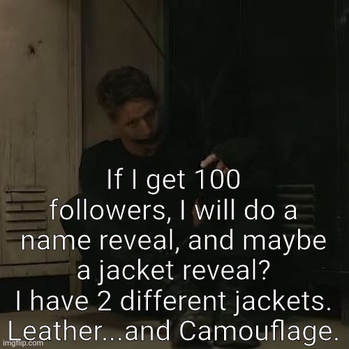 NF_FAN | If I get 100 followers, I will do a name reveal, and maybe a jacket reveal?
I have 2 different jackets. Leather...and Camouflage. | image tagged in nf_fan | made w/ Imgflip meme maker
