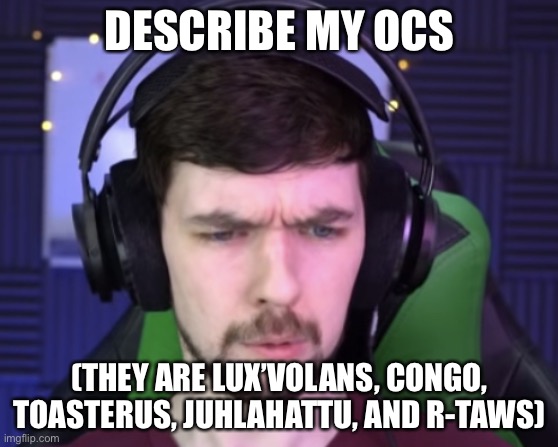 Jacksepticeye confused | DESCRIBE MY OCS; (THEY ARE LUX’VOLANS, CONGO, TOASTERUS, JUHLAHATTU, AND R-TAWS) | image tagged in jacksepticeye confused | made w/ Imgflip meme maker