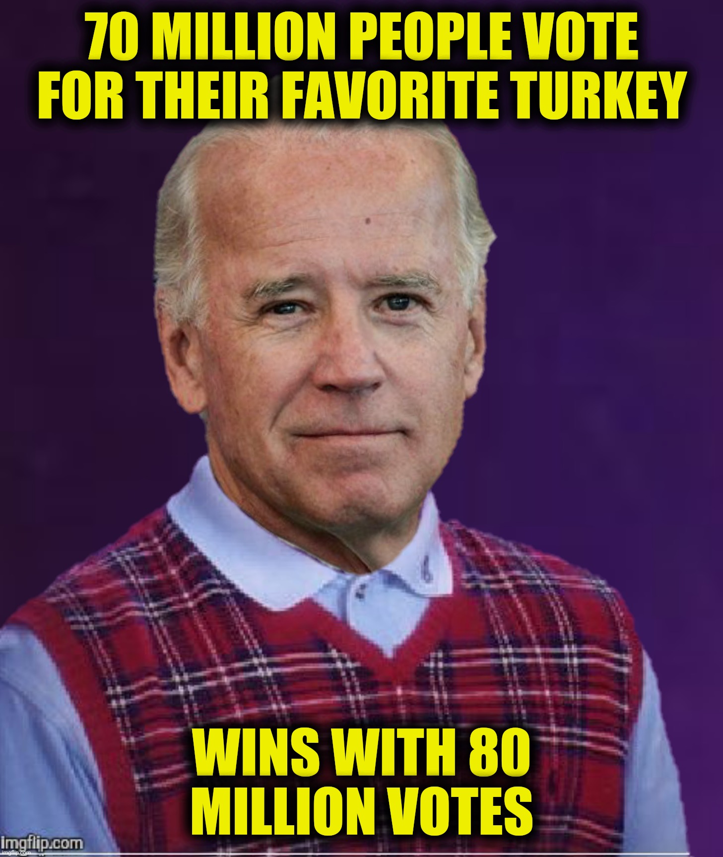 Bad Photoshop Sunday presents:  Bad Luck Biden |  70 MILLION PEOPLE VOTE FOR THEIR FAVORITE TURKEY; WINS WITH 80 MILLION VOTES | image tagged in bad photoshop sunday,joe biden,bad luck brian,bad luck biden,turkey | made w/ Imgflip meme maker