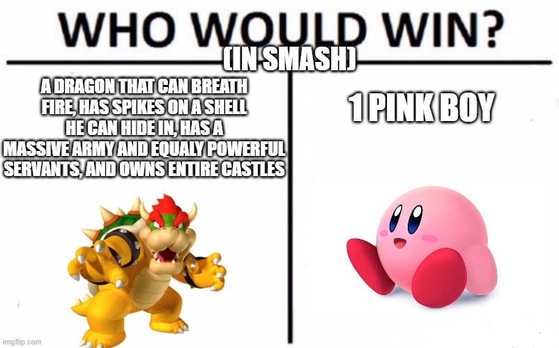 who would win in smash | (IN SMASH); A DRAGON THAT CAN BREATH FIRE, HAS SPIKES ON A SHELL HE CAN HIDE IN, HAS A MASSIVE ARMY AND EQUALY POWERFUL SERVANTS, AND OWNS ENTIRE CASTLES; 1 PINK BOY | image tagged in memes,who would win | made w/ Imgflip meme maker