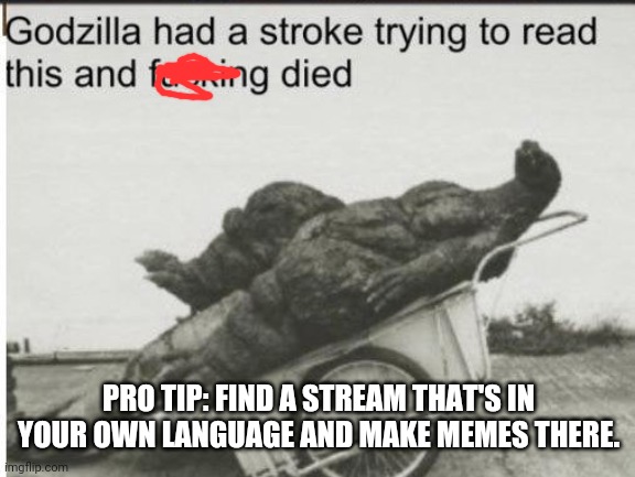 Godzilla | PRO TIP: FIND A STREAM THAT'S IN YOUR OWN LANGUAGE AND MAKE MEMES THERE. | image tagged in godzilla | made w/ Imgflip meme maker