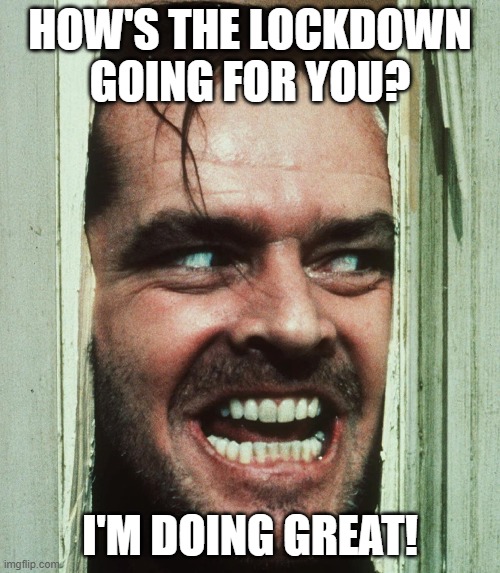 HOW'S THE LOCKDOWN GOING FOR YOU? I'M DOING GREAT! | HOW'S THE LOCKDOWN
GOING FOR YOU? I'M DOING GREAT! | image tagged in jack nicholson shining | made w/ Imgflip meme maker