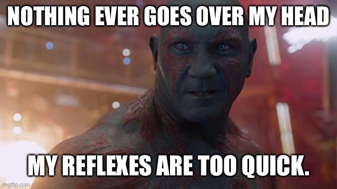 Drax | NOTHING EVER GOES OVER MY HEAD; MY REFLEXES ARE TOO QUICK. | image tagged in drax | made w/ Imgflip meme maker