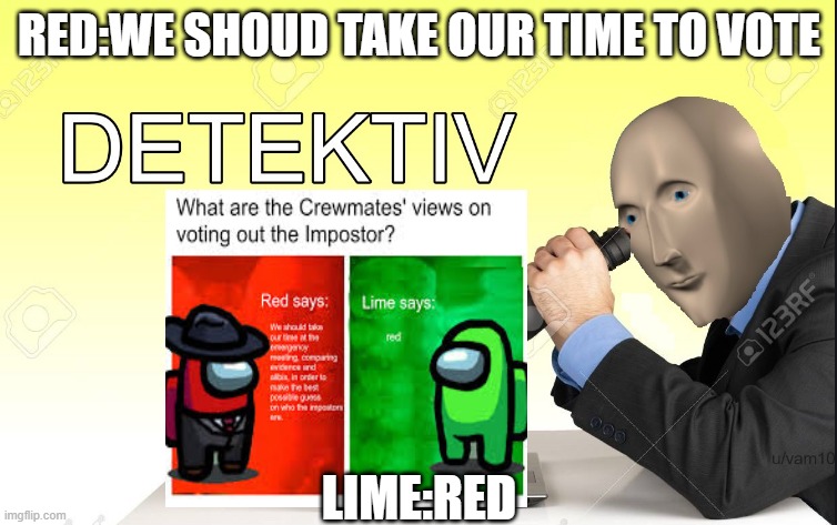 Best accusation ever | RED:WE SHOUD TAKE OUR TIME TO VOTE; LIME:RED | image tagged in detektiv | made w/ Imgflip meme maker
