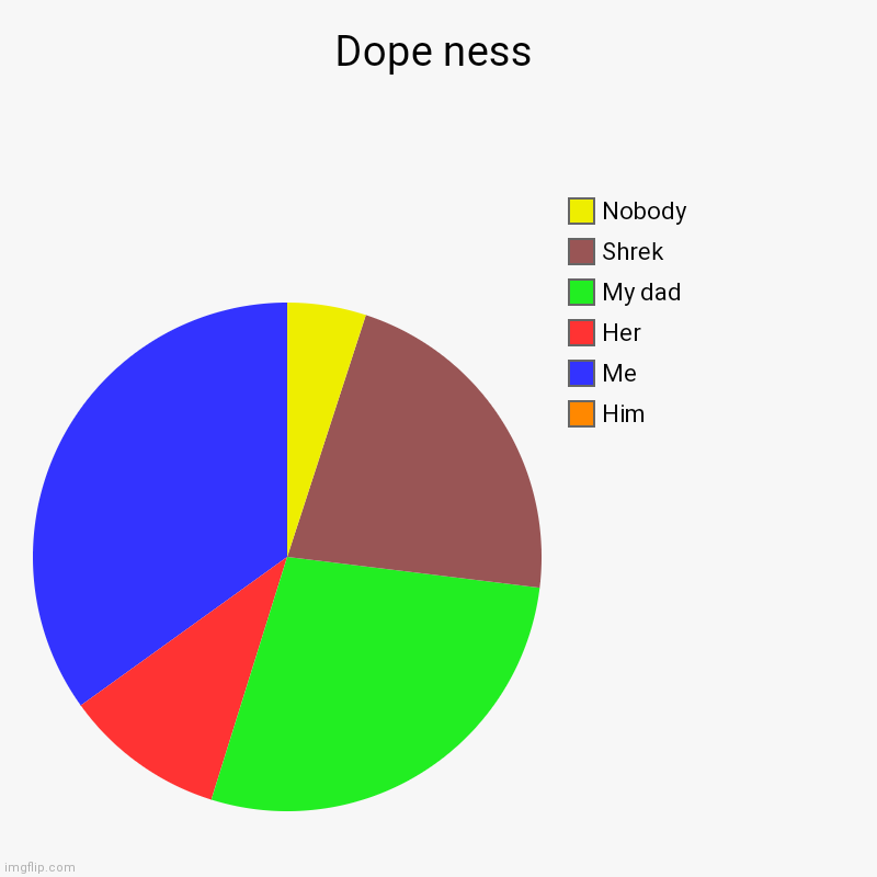 Dope ness | Him, Me, Her, My dad, Shrek, Nobody | image tagged in charts,pie charts | made w/ Imgflip chart maker