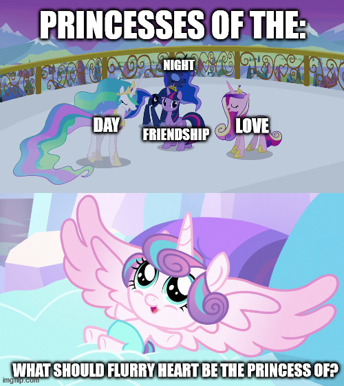 Comment your opinion! | PRINCESSES OF THE:; NIGHT; DAY; LOVE; FRIENDSHIP; WHAT SHOULD FLURRY HEART BE THE PRINCESS OF? | image tagged in mlp,princess,memes | made w/ Imgflip meme maker