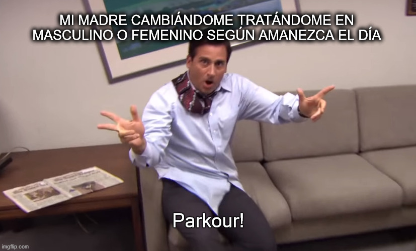 she thinks it's funny or something | MI MADRE CAMBIÁNDOME TRATÁNDOME EN MASCULINO O FEMENINO SEGÚN AMANEZCA EL DÍA; Parkour! | image tagged in michael scott parkour | made w/ Imgflip meme maker