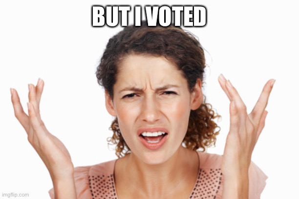 Indignant | BUT I VOTED | image tagged in indignant | made w/ Imgflip meme maker