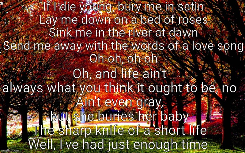 If I die young, bury me in satin
Lay me down on a bed of roses
Sink me in the river at dawn
Send me away with the words of a love song
Oh-oh, oh-oh; Oh, and life ain't always what you think it ought to be, no
Ain't even gray, but she buries her baby
The sharp knife of a short life
Well, I've had just enough time | made w/ Imgflip meme maker