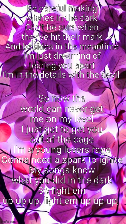 My songs know what you did in the dark? | So now the world can never get me on my level
I just got to get you out of the cage
I'm a young lovers rage
Gonna need a spark to ignite
My songs know what you did in the dark
So light em up up up, light em up up up, Be careful making wishes in the dark
Can't be sure when they've hit their mark
And besides in the meantime I'm just dreaming of tearing you apart
I'm in the details with the devil | made w/ Imgflip meme maker