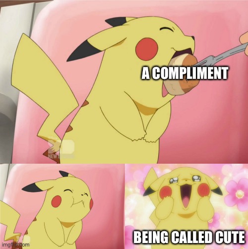 Cute Pikachu | A COMPLIMENT; BEING CALLED CUTE | image tagged in pikachu eating cake,pokemon | made w/ Imgflip meme maker