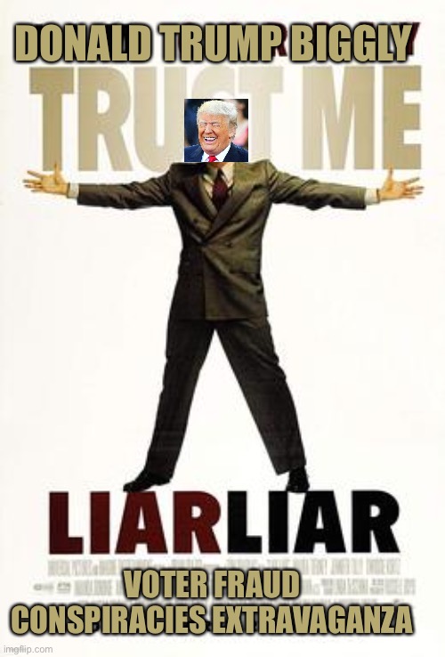 The tRUMP biography | DONALD TRUMP BIGGLY; VOTER FRAUD CONSPIRACIES EXTRAVAGANZA | image tagged in donald trump,liar,voter fraud,election 2020,joe biden,winner | made w/ Imgflip meme maker