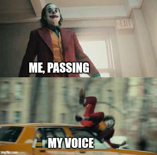 F*king hate it | ME, PASSING; MY VOICE | image tagged in joker getting hit by a car,trans | made w/ Imgflip meme maker