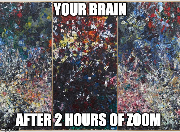 meeting | YOUR BRAIN; AFTER 2 HOURS OF ZOOM | image tagged in meeting | made w/ Imgflip meme maker
