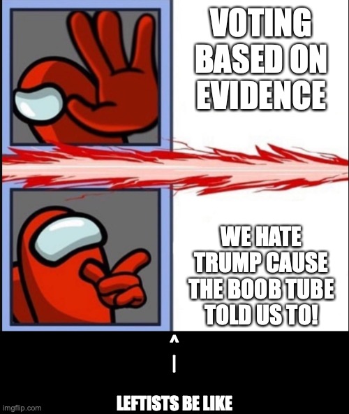 Crewmate Nah Yeah | VOTING
BASED ON
EVIDENCE; WE HATE
TRUMP CAUSE
THE BOOB TUBE
TOLD US TO! ^
|
 
LEFTISTS BE LIKE | image tagged in crewmate nah yeah,2020 elections,election 2020,president trump,liberal logic,mainstream media | made w/ Imgflip meme maker