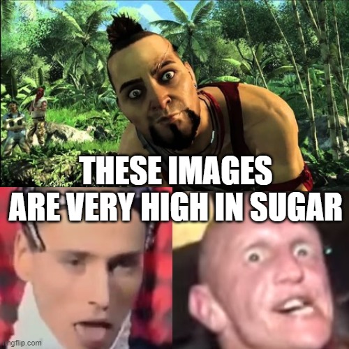 These images are quite high in sugar | THESE IMAGES ARE VERY HIGH IN SUGAR | image tagged in craziness_all_the_way,sugar rush | made w/ Imgflip meme maker