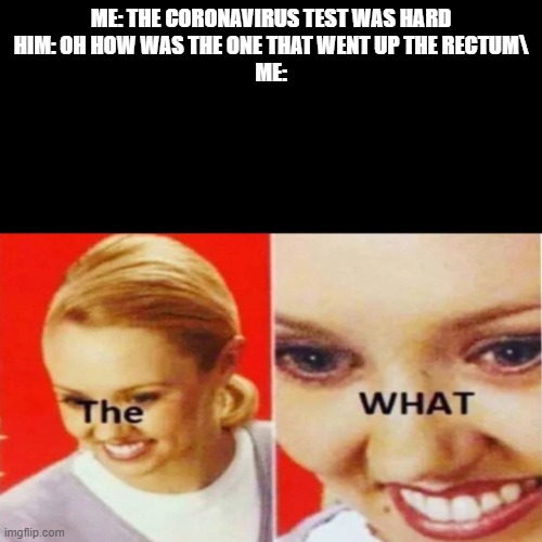 The What | ME: THE CORONAVIRUS TEST WAS HARD
HIM: OH HOW WAS THE ONE THAT WENT UP THE RECTUM\
ME: | image tagged in the what | made w/ Imgflip meme maker