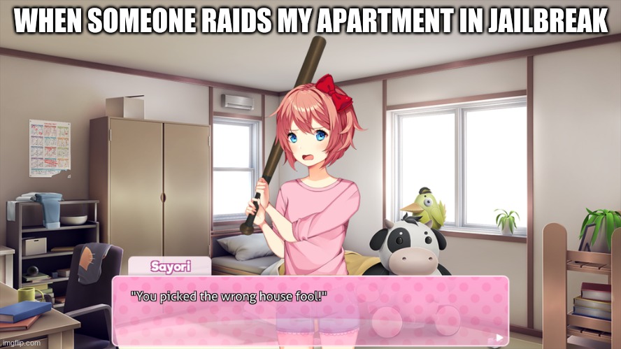 AK47 TIME! | WHEN SOMEONE RAIDS MY APARTMENT IN JAILBREAK | image tagged in you picked the wrong house fool-ddlc edition | made w/ Imgflip meme maker