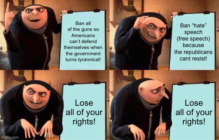 I’m looking at you, liberals. | Ban all of the guns so Americans can’t defend themselves when the government turns tyrannical! Ban “hate” speech (free speech) because the republicans cant resist! Lose all of your rights! Lose all of your rights! | image tagged in memes,gru's plan | made w/ Imgflip meme maker