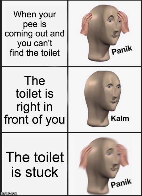 Toilet meme | When your pee is coming out and you can't find the toilet; The toilet is right in front of you; The toilet is stuck | image tagged in memes,panik kalm panik | made w/ Imgflip meme maker