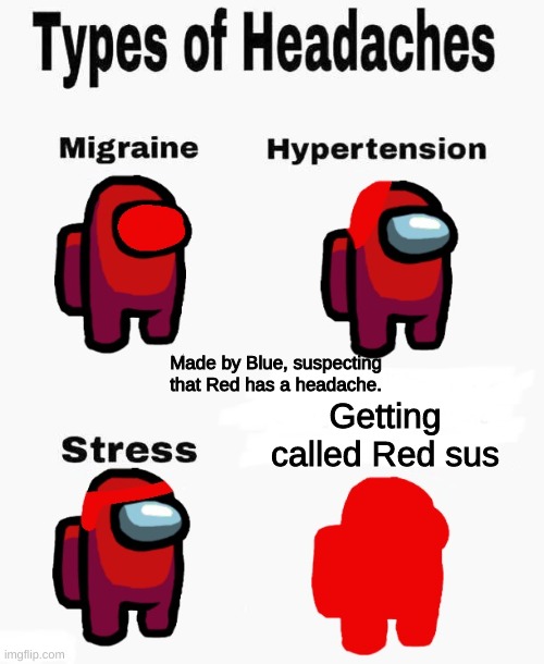 Among us types of headaches | Made by Blue, suspecting that Red has a headache. Getting called Red sus | image tagged in among us types of headaches | made w/ Imgflip meme maker