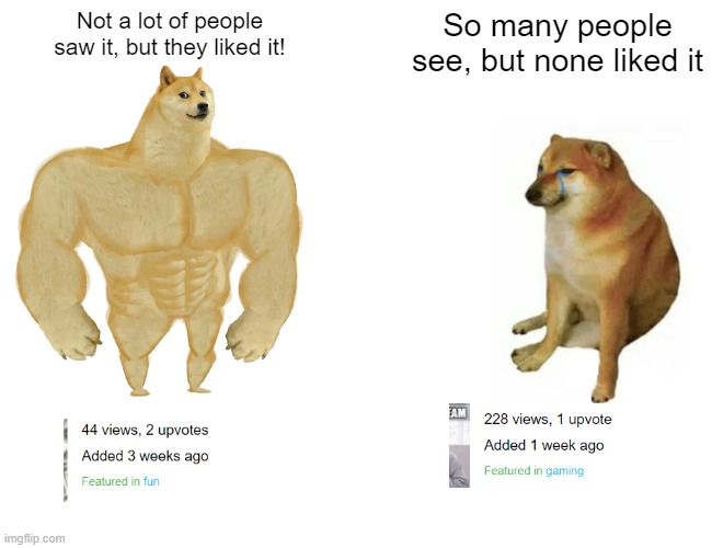 My pain | Not a lot of people saw it, but they liked it! So many people see, but none liked it | image tagged in memes,buff doge vs cheems | made w/ Imgflip meme maker