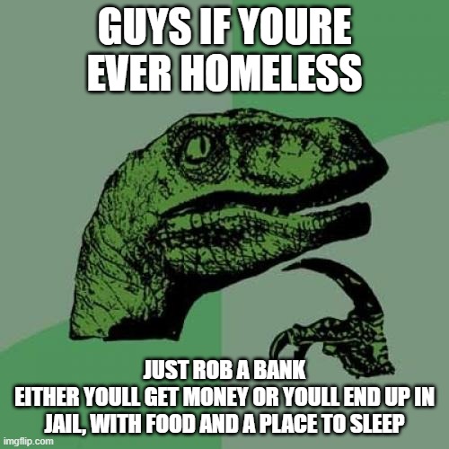 *has my future planned out* | GUYS IF YOURE EVER HOMELESS; JUST ROB A BANK
EITHER YOULL GET MONEY OR YOULL END UP IN JAIL, WITH FOOD AND A PLACE TO SLEEP | image tagged in memes,philosoraptor | made w/ Imgflip meme maker