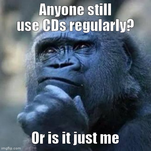 Thinking ape | Anyone still use CDs regularly? Or is it just me | image tagged in thinking ape | made w/ Imgflip meme maker