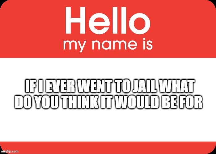 [wheeze] | IF I EVER WENT TO JAIL WHAT DO YOU THINK IT WOULD BE FOR | image tagged in hello my name is | made w/ Imgflip meme maker