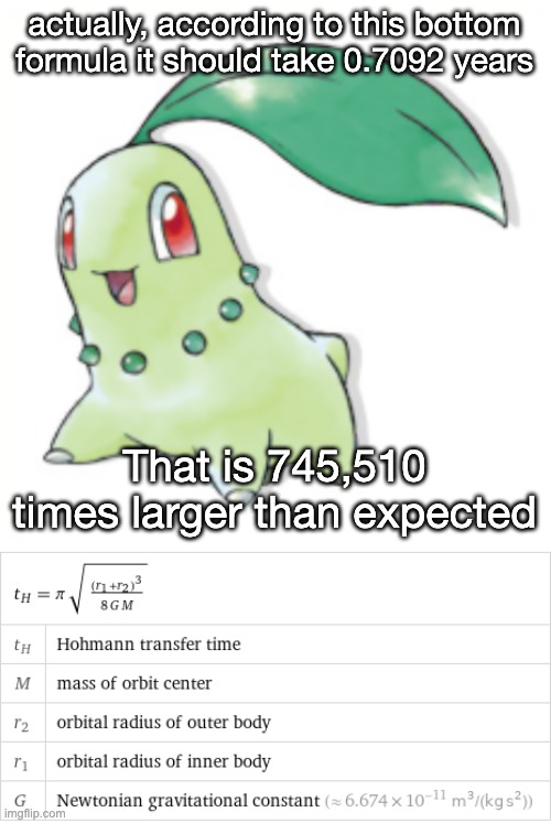 actually, according to this bottom formula it should take 0.7092 years That is 745,510 times larger than expected | made w/ Imgflip meme maker
