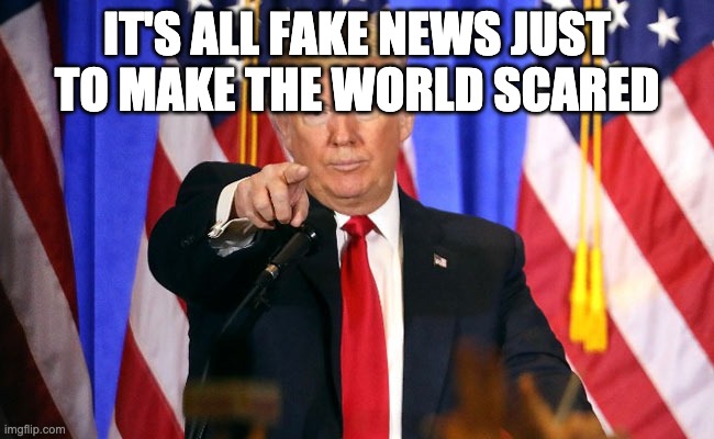 Trump Fake News | IT'S ALL FAKE NEWS JUST TO MAKE THE WORLD SCARED | image tagged in trump fake news | made w/ Imgflip meme maker