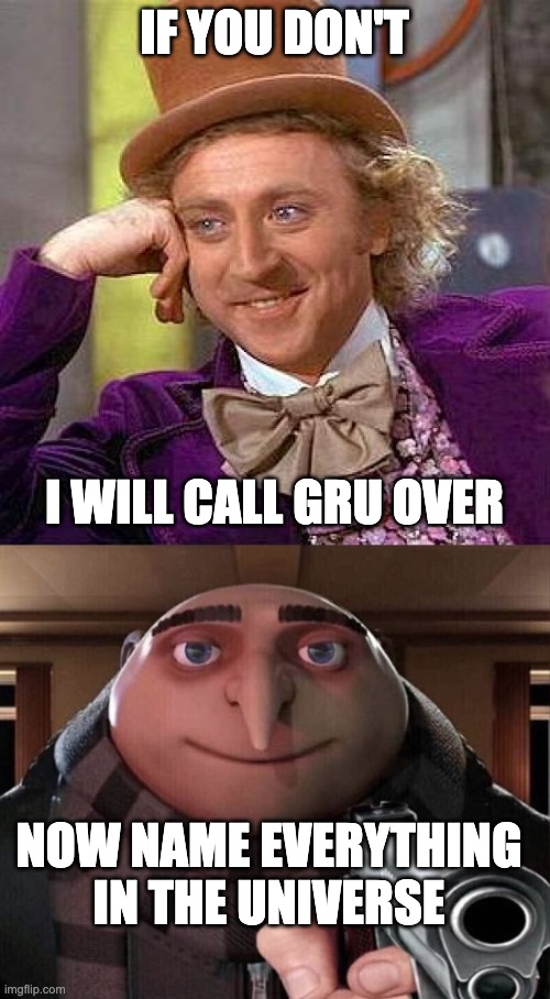 IF YOU DON'T I WILL CALL GRU OVER NOW NAME EVERYTHING IN THE UNIVERSE | image tagged in memes,creepy condescending wonka,gru gun | made w/ Imgflip meme maker