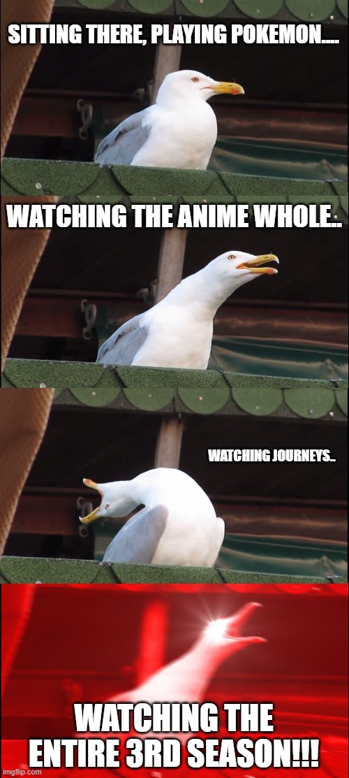 Inhaling Seagull | SITTING THERE, PLAYING POKEMON.... WATCHING THE ANIME WHOLE.. WATCHING JOURNEYS.. WATCHING THE ENTIRE 3RD SEASON!!! | image tagged in memes,inhaling seagull | made w/ Imgflip meme maker