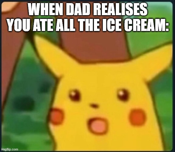 Surprised Pikachu | WHEN DAD REALISES YOU ATE ALL THE ICE CREAM: | image tagged in surprised pikachu | made w/ Imgflip meme maker